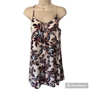 Timing white floral tank top with blue and orange flower print V neck with tie M